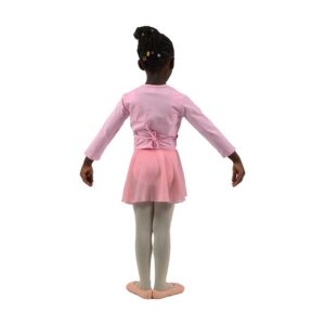 "Back view of pink jersey wrap-around ballet top for girls, designed for flexibility and support during dance practice"