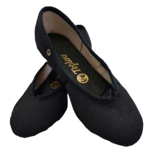 Top view of black character shoes with a low heel, designed for ballet grade 1 and 2, perfect for exams, concerts, and shows.
