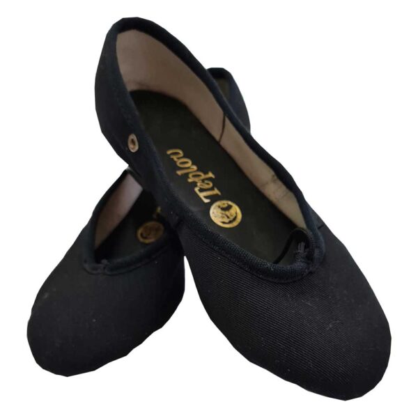 Top view of black character shoes with a low heel, designed for ballet grade 1 and 2, perfect for exams, concerts, and shows.