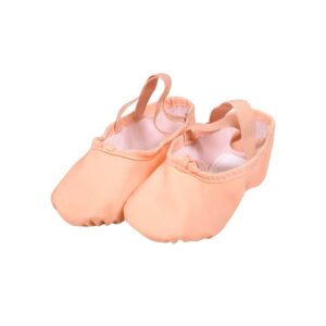 Side view of pink canvas ballet pumps with split soles, designed for dancers, providing flexibility and support during dance practice and performance.
