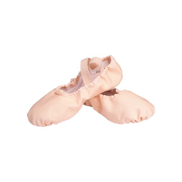 Front view of split-sole ballet shoes, designed for dancers, offering flexibility and support during practice and performance.
