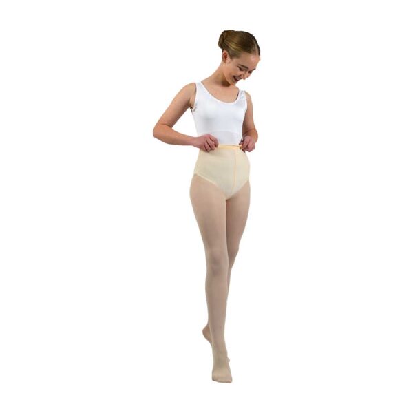 Side view of pink 88 Decitex ballet tights – stretchy, breathable fabric designed for optimal movement in ballet and dance performances