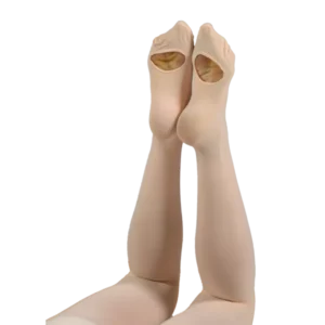 Bottom view of pink convertible tights – flexible, high-quality fabric perfect for ballet and dance, offering footed or footless wear options