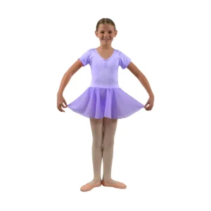 Front view of a girls' lilac skirted ballet leotard with a soft chiffon skirt, offering an elegant and comfortable fit for ballet practice and performances.