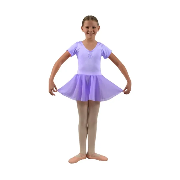 Front view of a girls' lilac skirted ballet leotard with a soft chiffon skirt, offering an elegant and comfortable fit for ballet practice and performances.