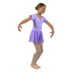 Side view of a girls' lilac skirted leotard with a soft chiffon skirt, featuring a graceful design, ideal for ballet practice and performances.